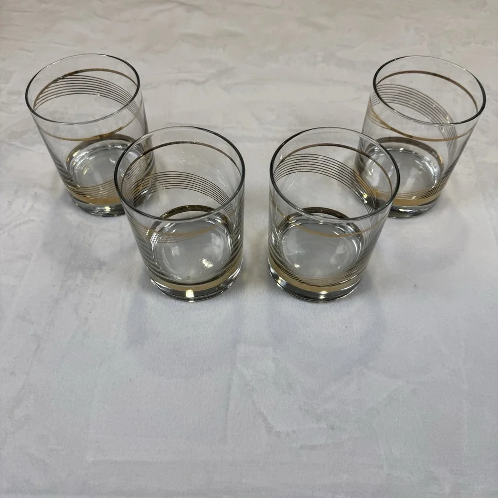 Vintage MCM Gold Swirl Rocks Glasses Set 4 Mid Century Barware Tumblers